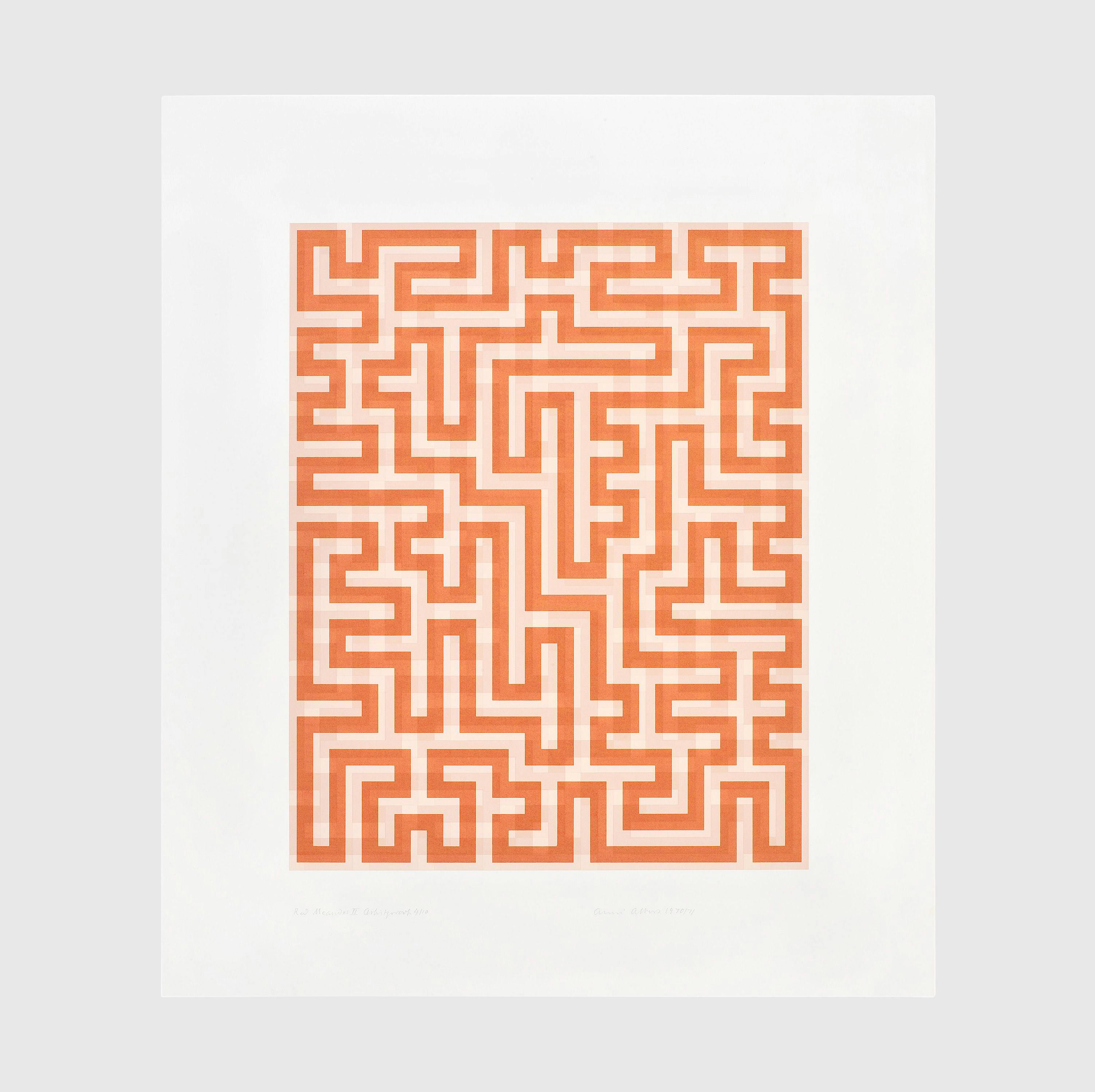 A print by Anni Albers, titled Red Meander II, 1970 to 1971.